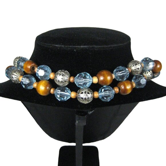 Necklace Women 60 Inch Jewelry Silvertone Blue Wooden Rope Lariats FLAWED Beads - Picture 4 of 10